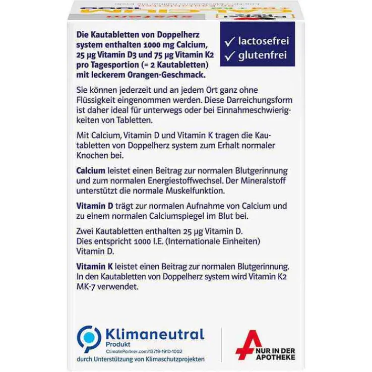 Doppelherz Calcium 1000 + D3 + K2 system Kautabletten, 60 St