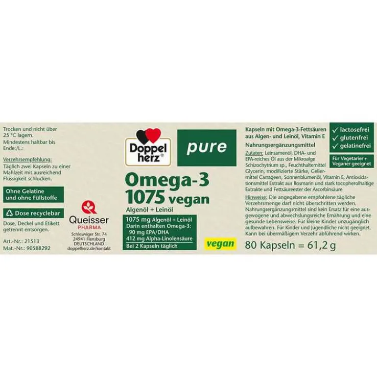 Doppelherz Omega-3 1075 vegan pure Kapseln, 80 St