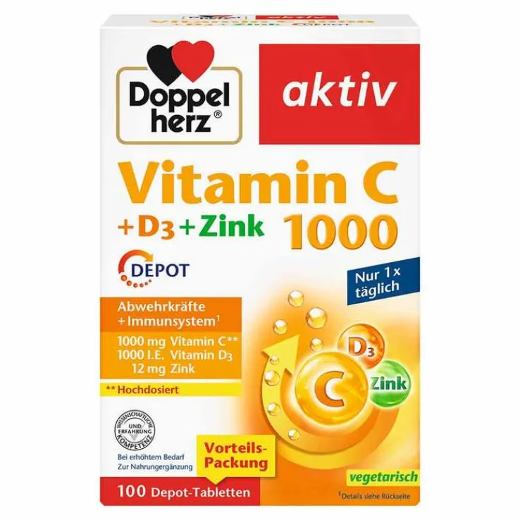 Doppelherz Vitamin C 1000 + D3 + Zink Depot Tabletten, 100 St