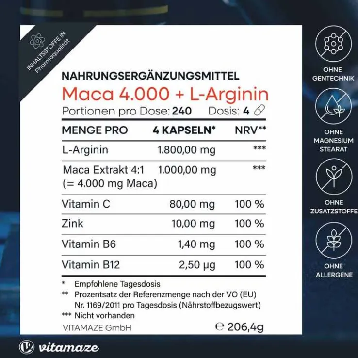 Maca 4:1 hochdosiert + L-Arginin Kapseln, 240 St