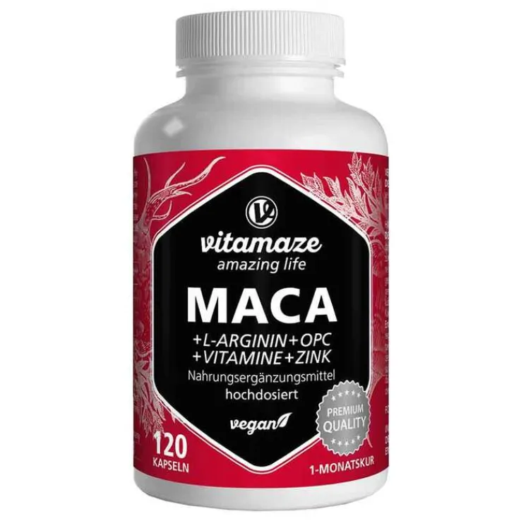Maca 10:1 hochdosiert + L-Arginin + OPC + Vitamine + Zink vegan Kapseln, 120 St