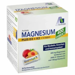 Magnesium 400 + D3 + K2 direkt Pfirsich Maracuja, 50X2.5 g