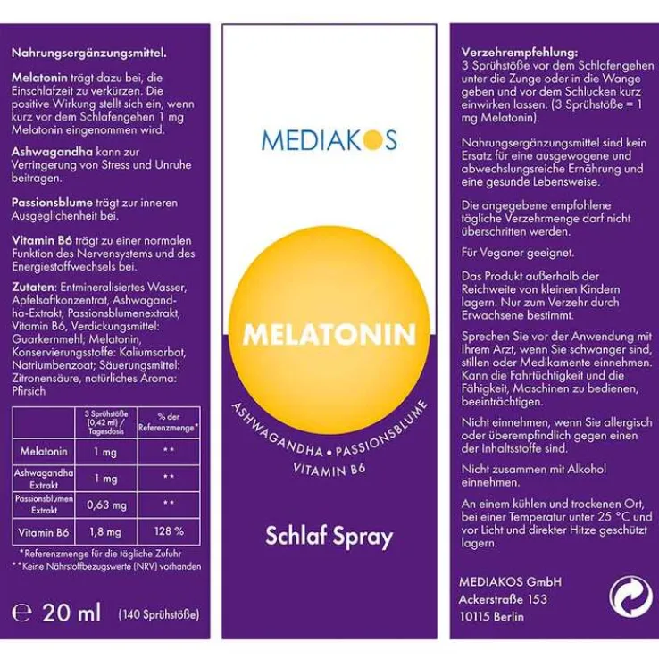 Melatonin Ashwagandha Mediakos Schlaf Spray vegan, 50 ml