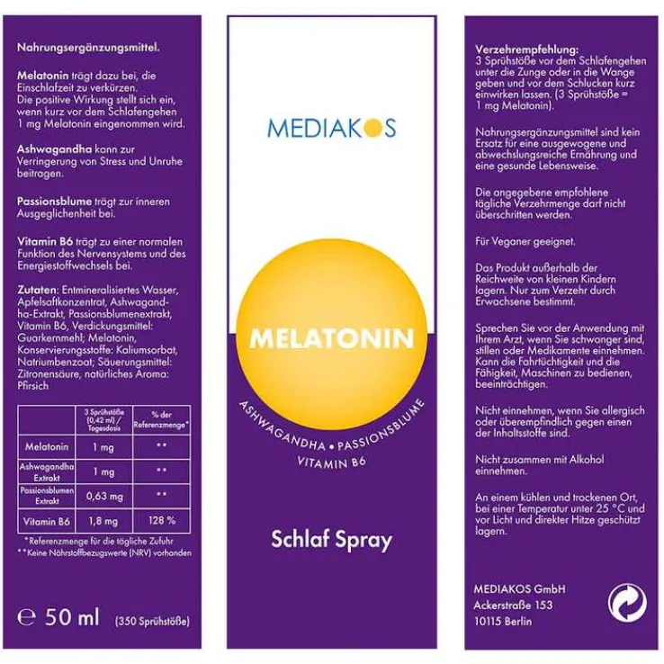 Melatonin Ashwagandha Mediakos Schlaf Spray vegan, 20 ml