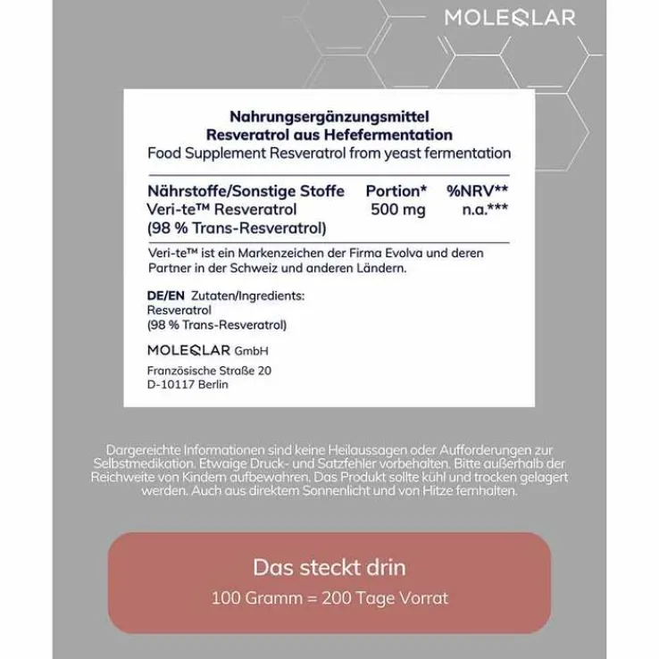 Moleqlar Resveratrol Trans-Resveratrol Pulver, 30 g