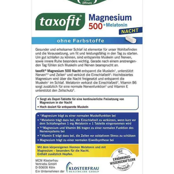 Taxofit Magnesium 500 Nacht + Melatonin Tabletten, 30 St