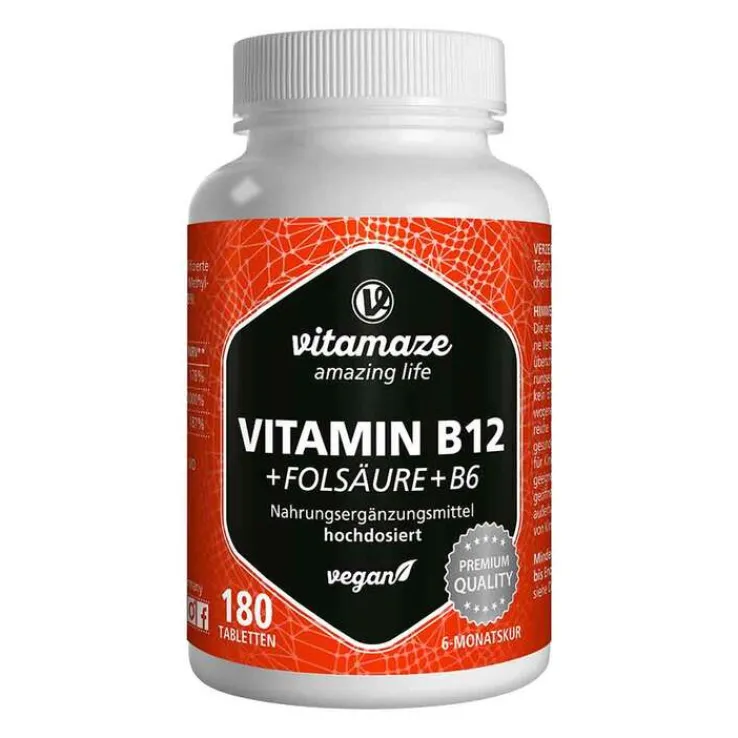 Vitamin B12 1.000 µg hochdosiert + B9 + B6 vegan Tabletten , 180 St