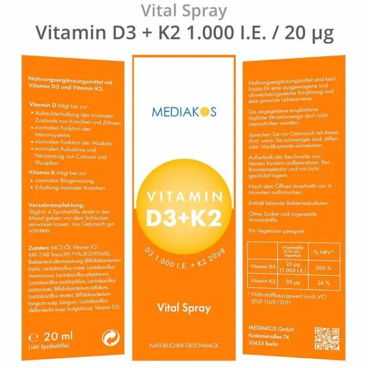 Vitamin D3 + K2 1000 I.E. 20 µg Mediakos Vital Spray, 20 ml